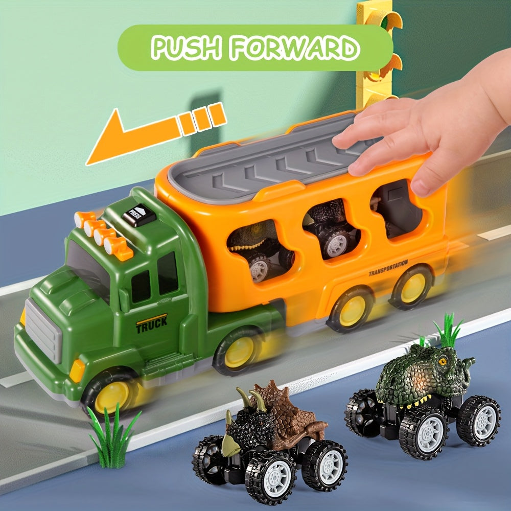 Dinosaurs Truck Toys Suitable for Boys Kids 3-5 Years - Push-Action Dino & Monster Car Friction Vehicle with Light & Sound Effects, 3 Dino Figures & 3 Cars, - Roaring Dino Toys, Christmas Gift