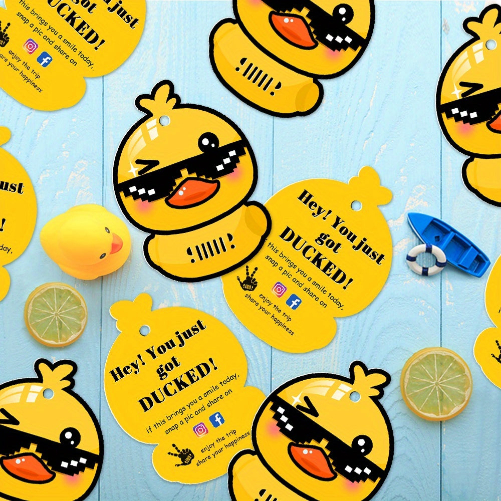 50 Pack Duck Duck Ducking Game Card Printed Duck Tags with Round Hole And Rubber Bands Duck Duck Card Ducked Card (Yellow)