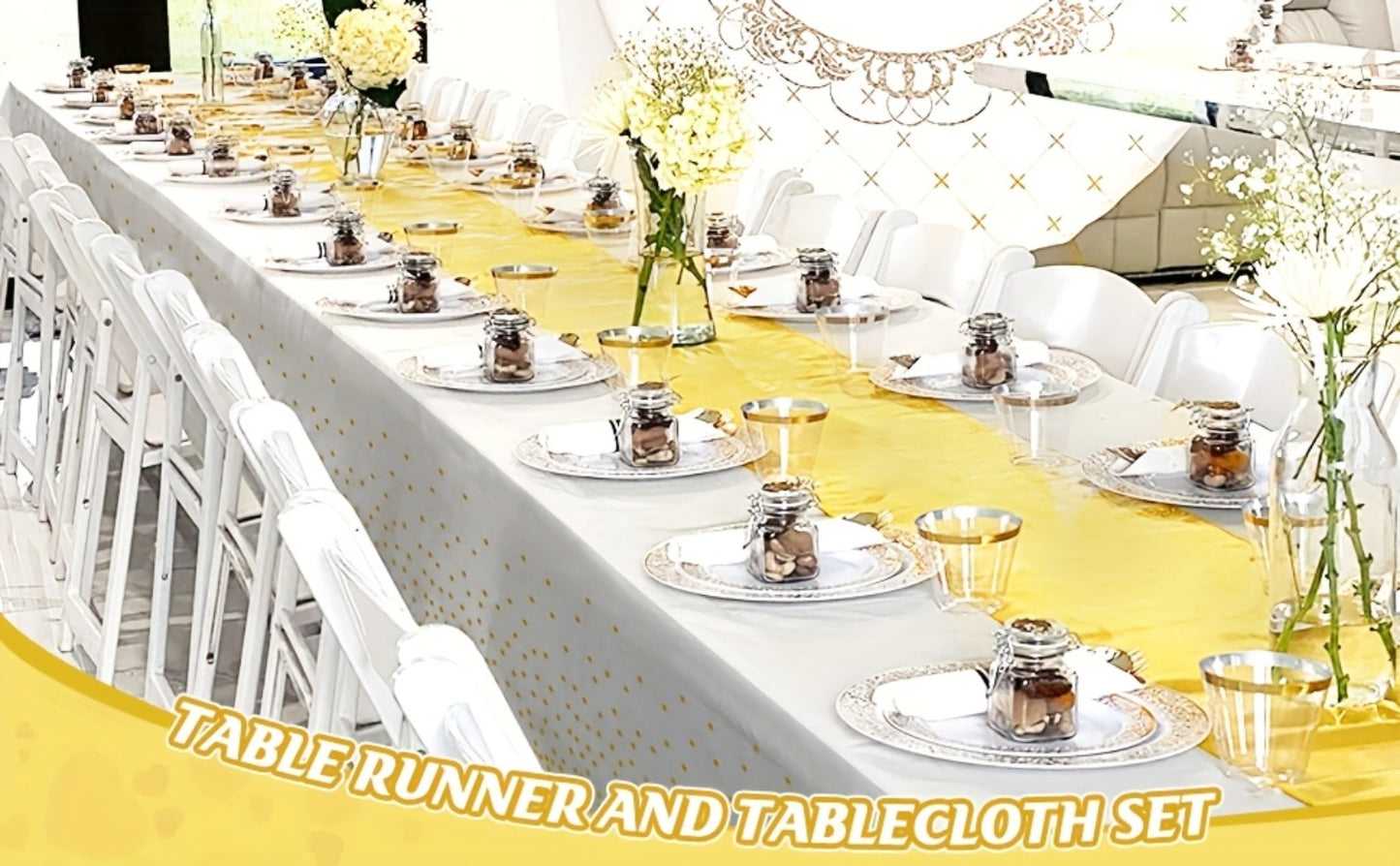 Disposable Tablecloth & Table Runner Set 10 Pack White & Gold Plastic Party Table Covers for Wedding, Birthday, Graduation, Anniversary – Elegant Party Decorations Bulk