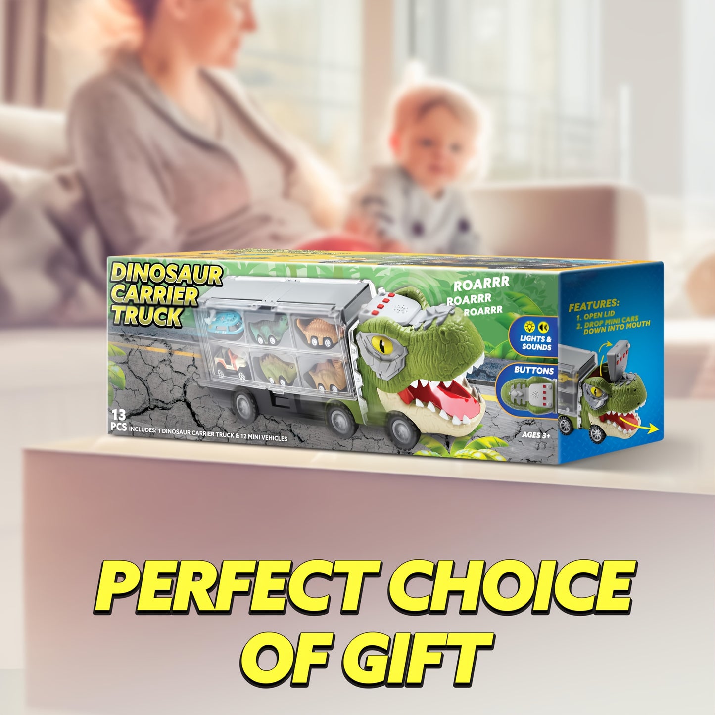13 Packs Super Value Dinosaur Truck Toys for Kids, Transport Carrier Truck with Sound & Light, Dinosaur Truck with 12 Pull Back Cars, Small Dinosaur Cars Set with Friction Powered, Christmas Birthday Gifts Toys for 3+ Year Old Boy