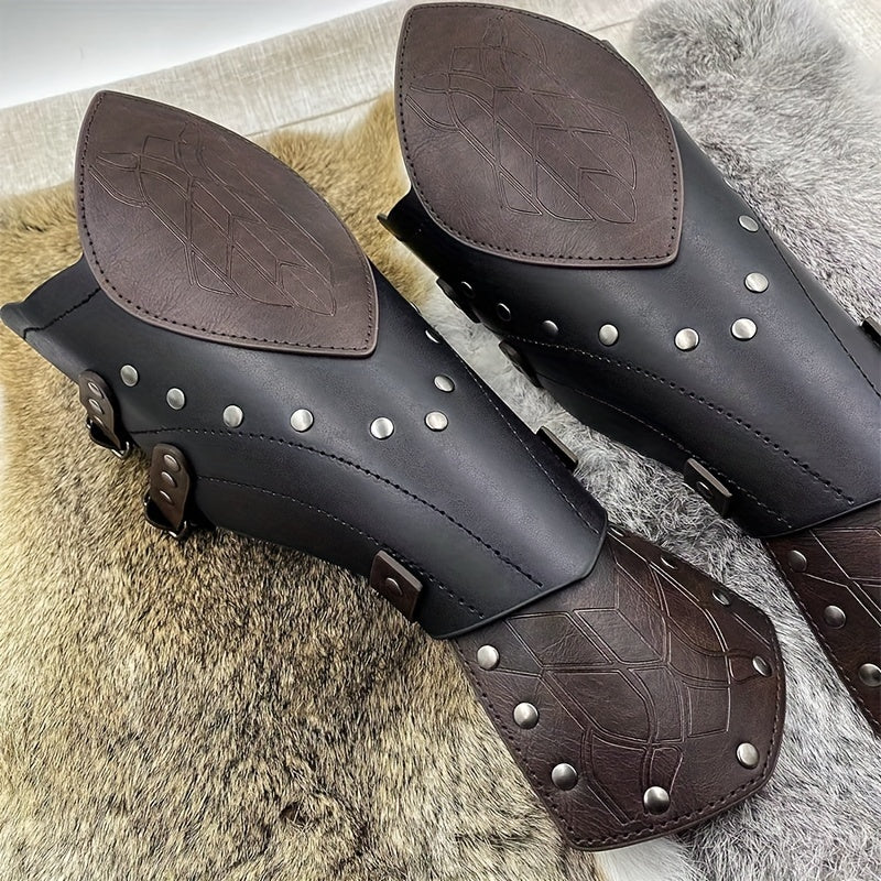 Two-Pack Medieval Embossed Artificial Leather Elf Arm Guards, Fantasy Role-Playing Buckle Armor, Halloween Knight Gloves