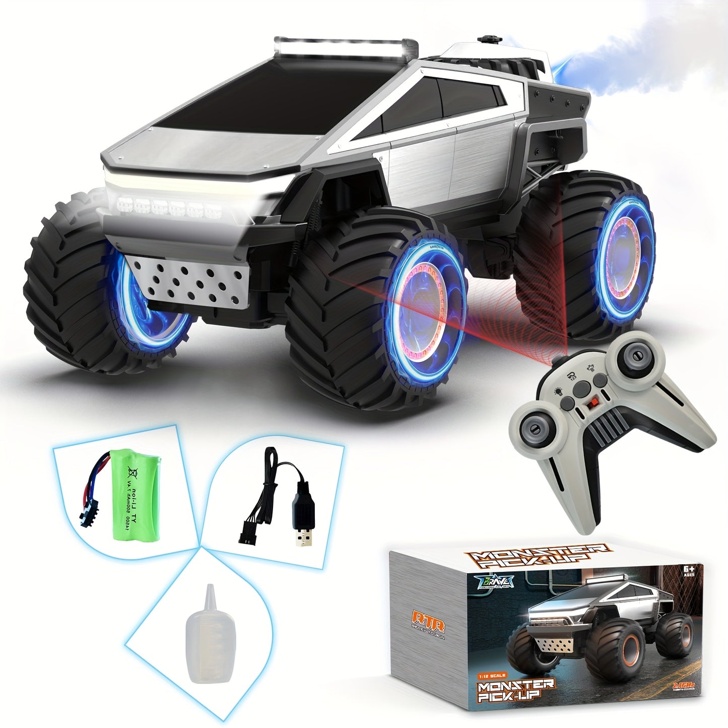 RC Monster Truck 1:12 Scale 4WD 2.4GHz All-Terrain Remote Control Car with LED Lights Sound Effects – Cybertruck & Pickup Truck Boys Gift Kids
