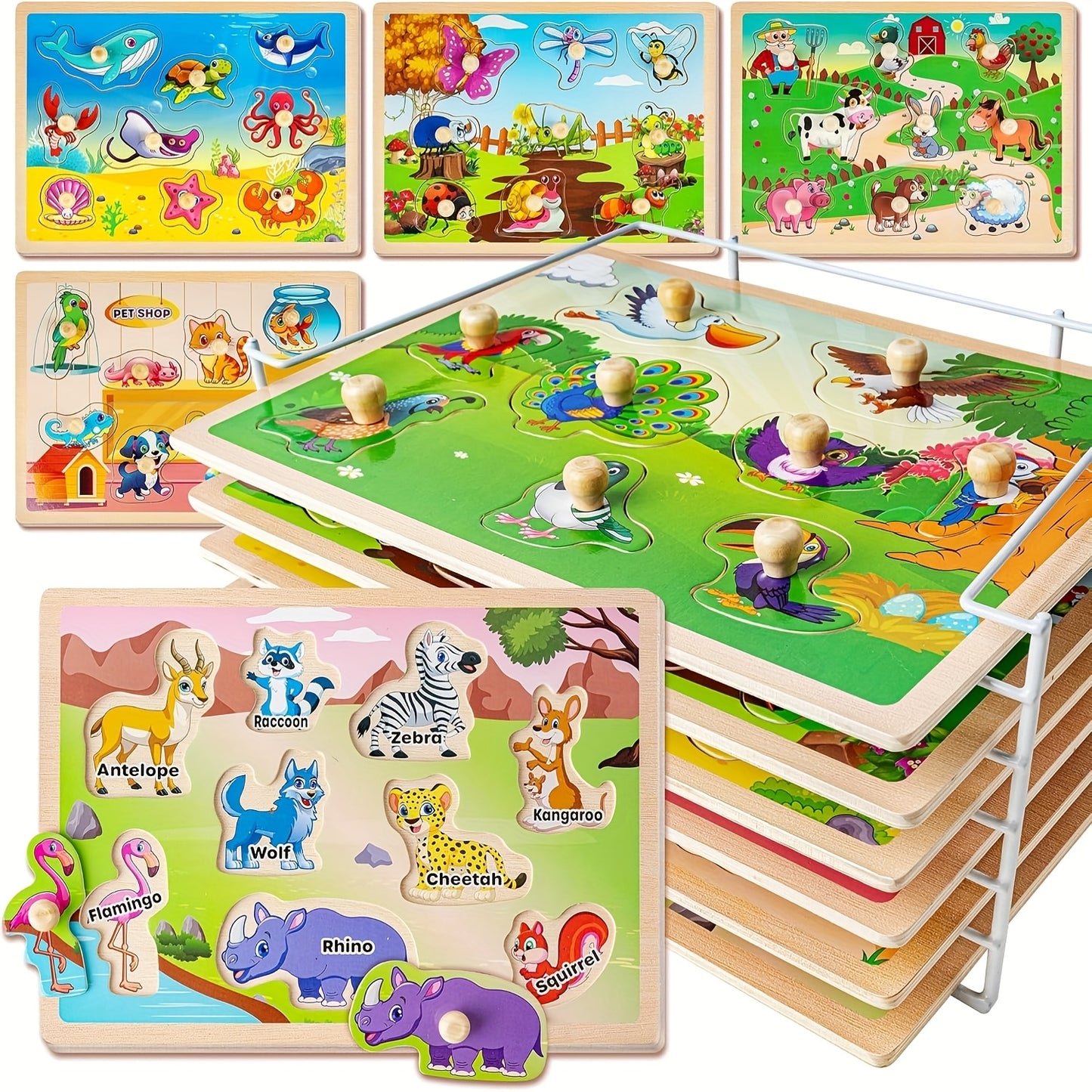 6-in-1 Wooden Puzzle Set for Toddlers 1 2 3 Year Old – Alphabet Number Shape Animal Dinosaur Vehicle Puzzles with Storage Rack, STEM Educational Learning Toy Gift for Baby Boys Girls