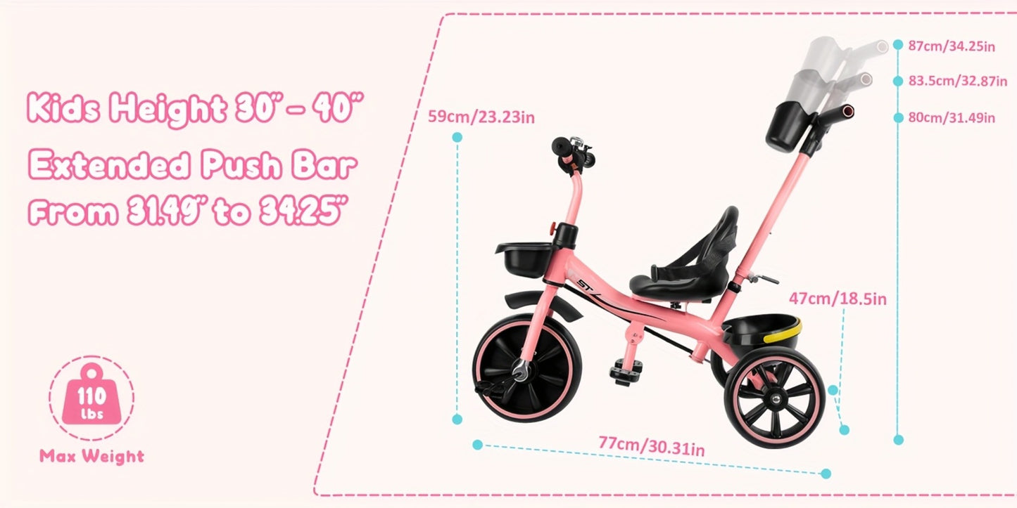 Push Handle Tricycle for Toddlers Girls Pink – 3 Wheel Trike Ages 18-60 Months with Padded Backrest, Safety Belt, Adjustable Seat | Best Birthday Gift for Kids 1 2 3 4 5 Year Old