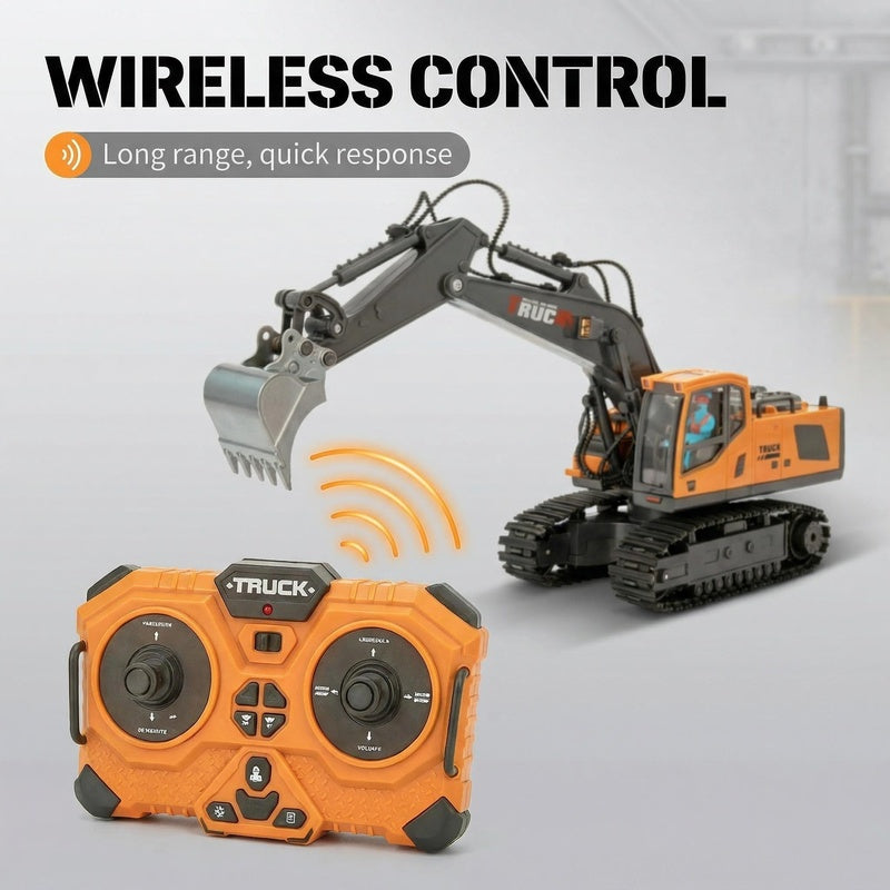 RC Construction Vehicle Toy 2.4GHz Remote Control Excavator Bulldozer Loader with Alloy Metal Cover Lights Sound Effects, Crawler Tractor Truck for Boys Ages 8 and Up, Birthday Gift