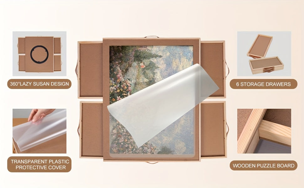 Rotating Jigsaw Puzzle Board for 1500pcs with Smooth Handle Drawers And Dust Cover, Wooden Puzzle Table for Family, Puzzle Storage Solution, Game Room Furniture, Compact Puzzle Organizer, Functional Storage, Highquality Wood, Storage Drawer Table