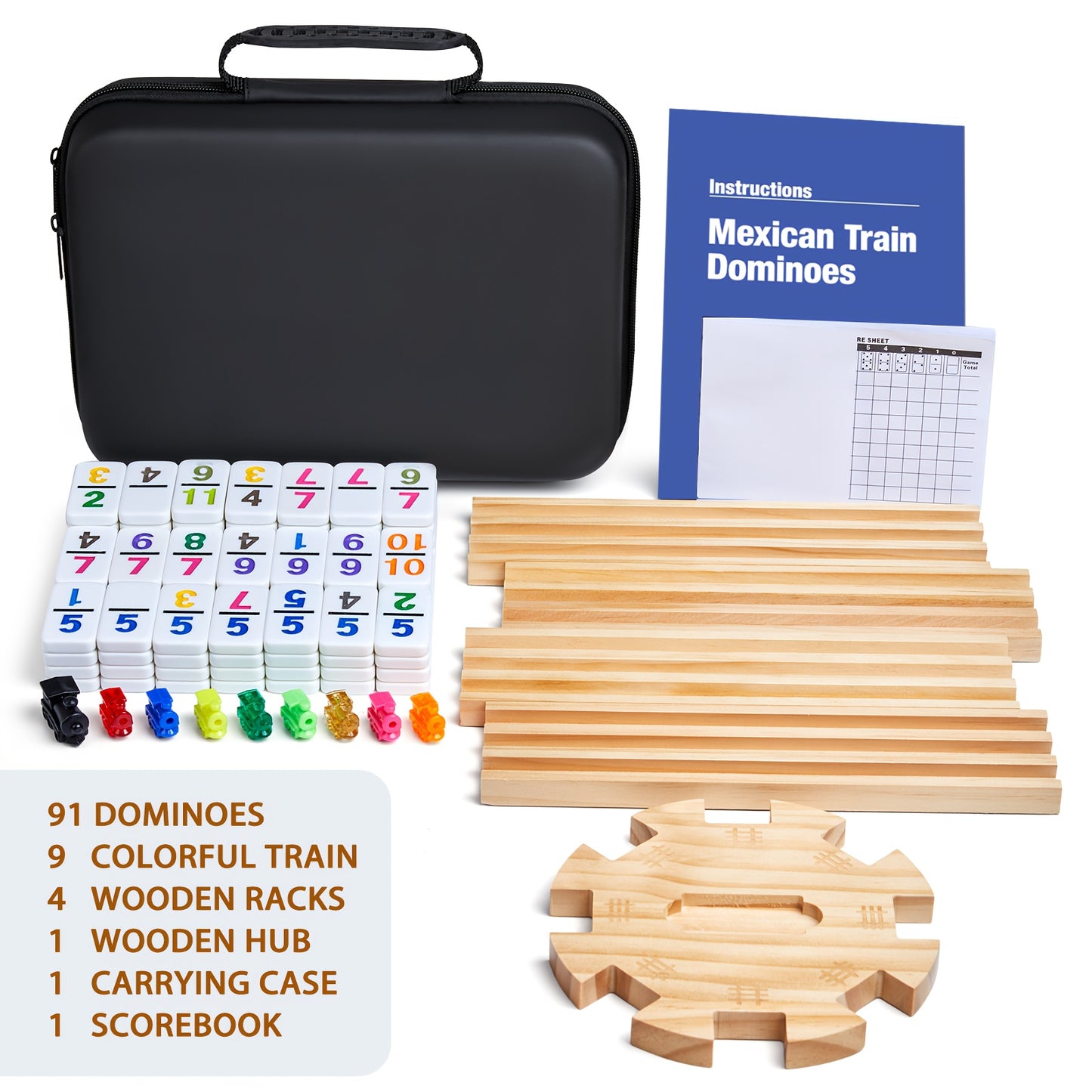 Mexican Train Dominoes Double 12 Set – 91 Colorful Tiles, 9 Metal Trains & 4 Wooden Racks, Complete Strategy Board Game with EVA Travel Case for Family Game Night, Adults & Kids, Classic Christmas & Holiday Gift