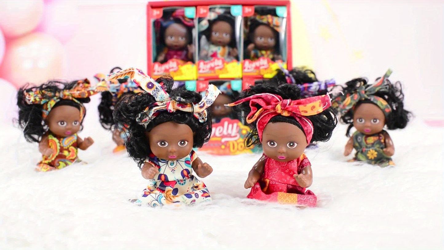 Mini Black Baby Doll Set 6 Pcs 4.5 Inch Curly Hair Rotatable Poseable – Flower Pajamas Gift Box, Cute Diverse Newborn Dolls for Kids, Birthday Christmas Holiday Gift for Girls Ages 3+ (Random Patterns)