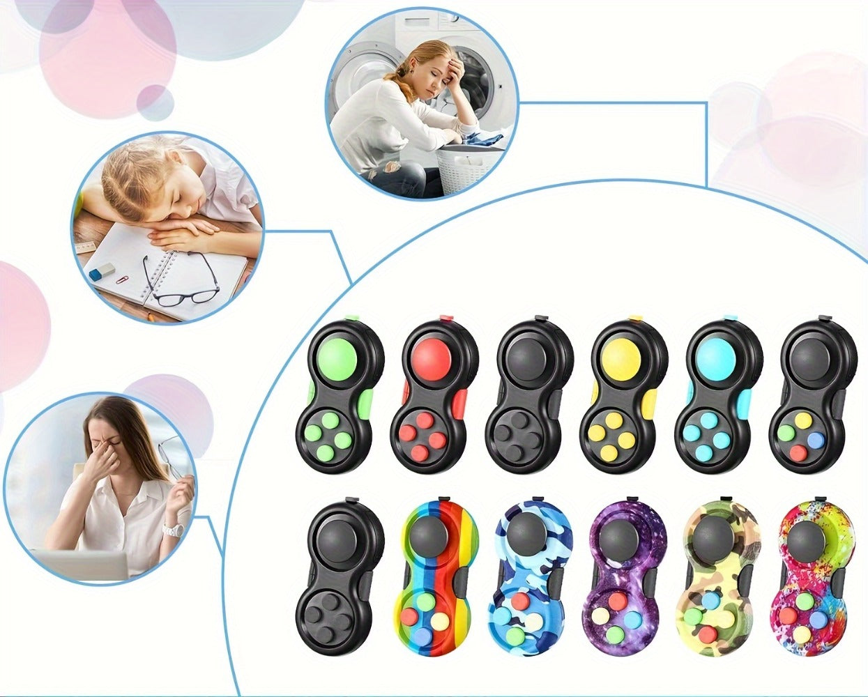 Fidget Pad Game Controller Design 8-in-1 Sensory Toy for Kids Adults – ADHD Anxiety Stress Relief Handheld Cube 7 Colors Variety Pack