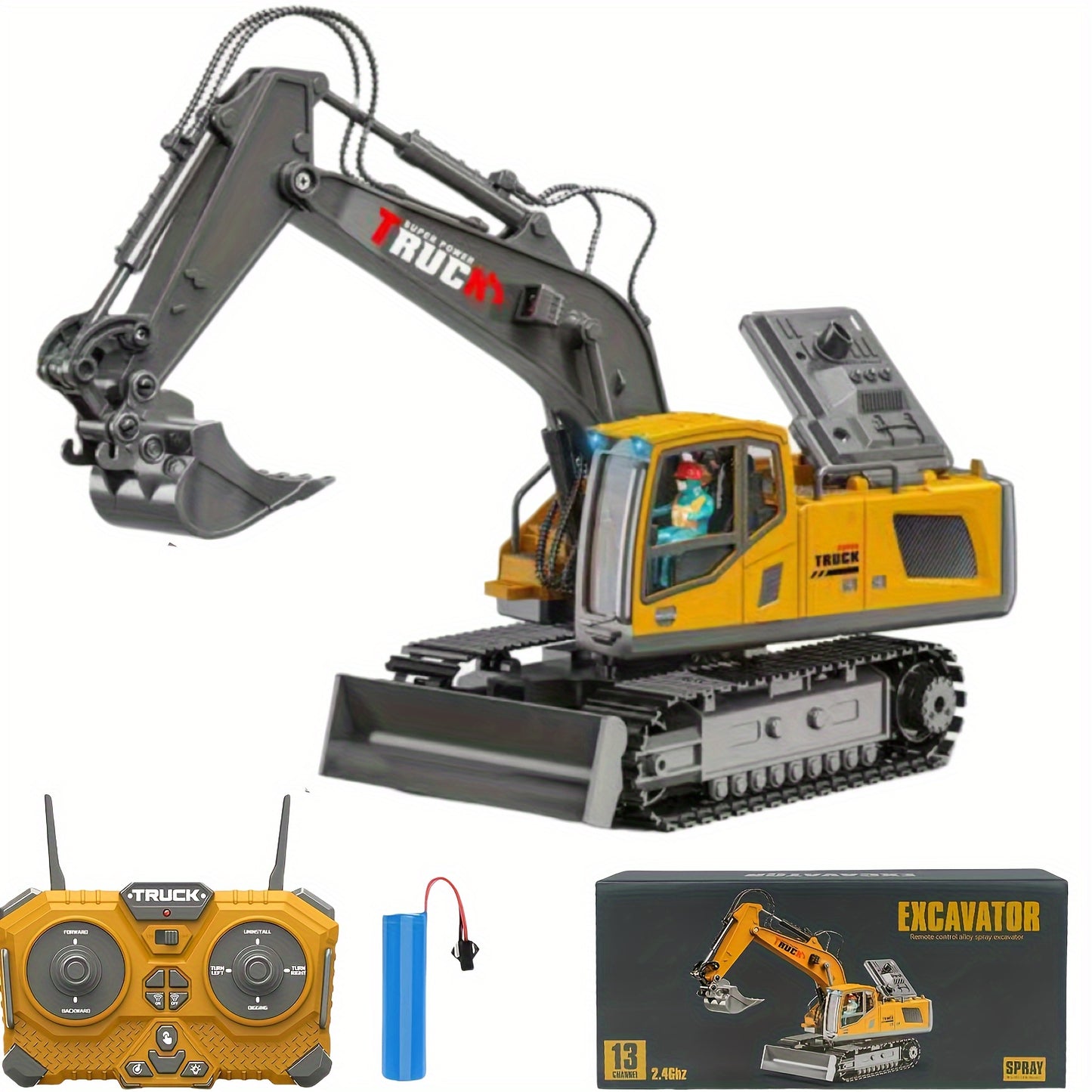 RC Excavator Toy 1200mAh 120-Min Battery Life with Metal Shovel & LED Lights – 13CH/17CH Remote Control Construction Truck for Boys Ages 8+, Birthday Christmas Gift (Yellow/Gray)