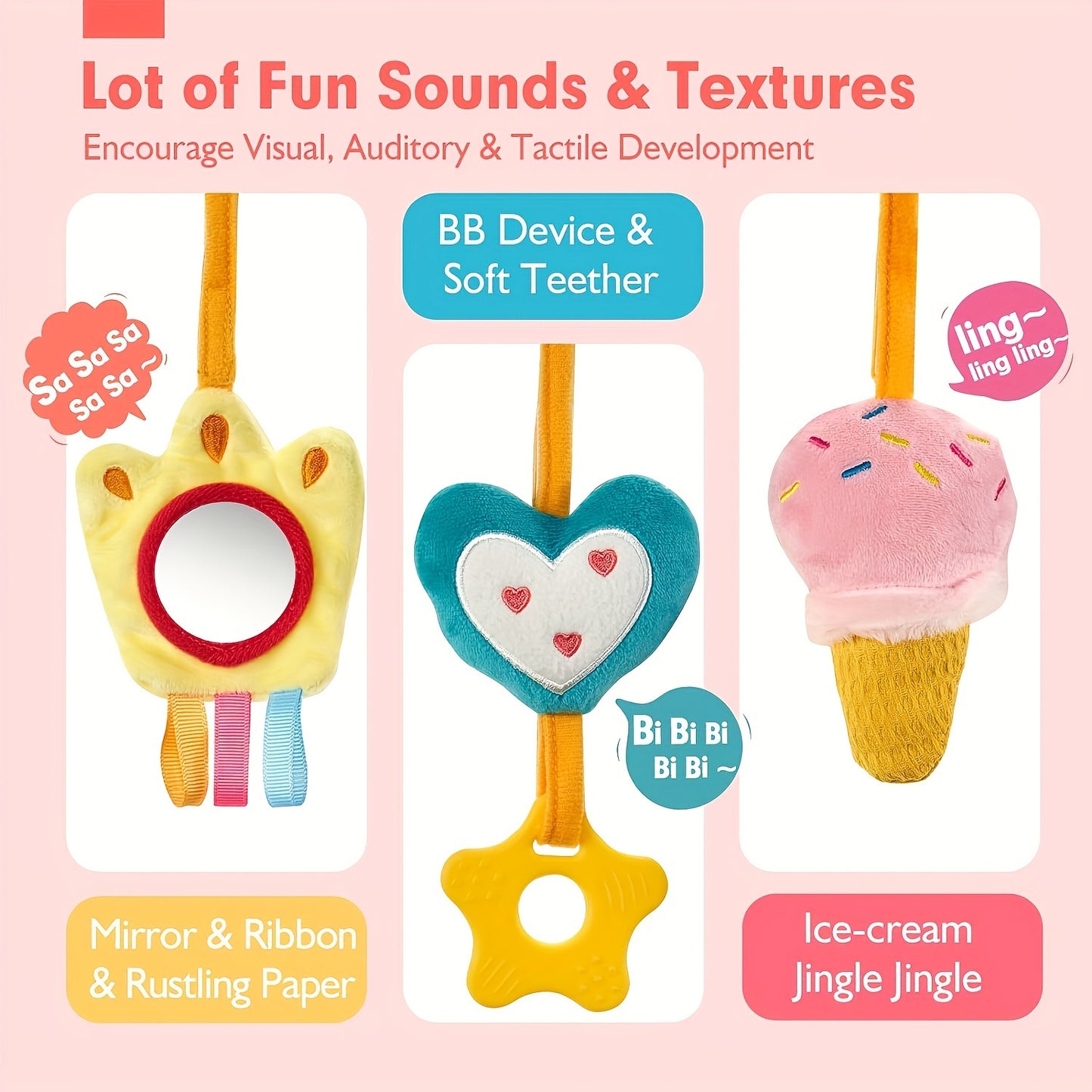 Car Seat Toys for Youngsters 0-6 Months Girl - Youngsters Toys 3-6 Months - Rattle, Mirror, Crinkle, Squeaky Carseat Stroller Toys 0-6 Months Developmental Youngsters Youngsters Girl Gifts