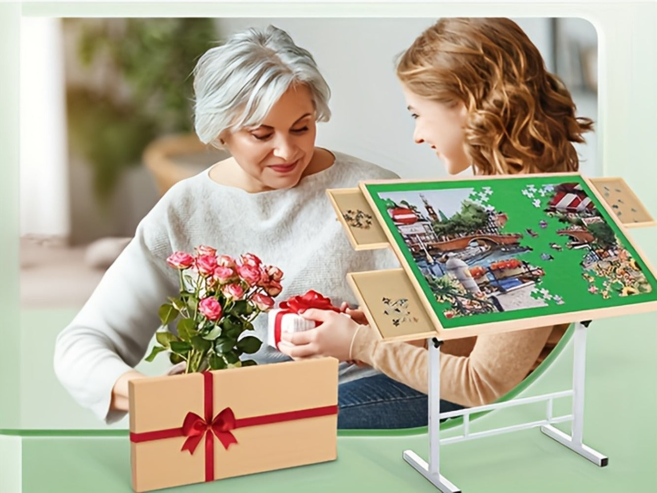 Jigsaw Puzzle Table with 4 Drawers 1500 Pieces β Adjustable Angle & Height 35"x26" Tilting Wood Board with Metal Legs, Ergonomic Puzzle Workstation for Adults Seniors Neck Back Pain Relief, Christmas Gift