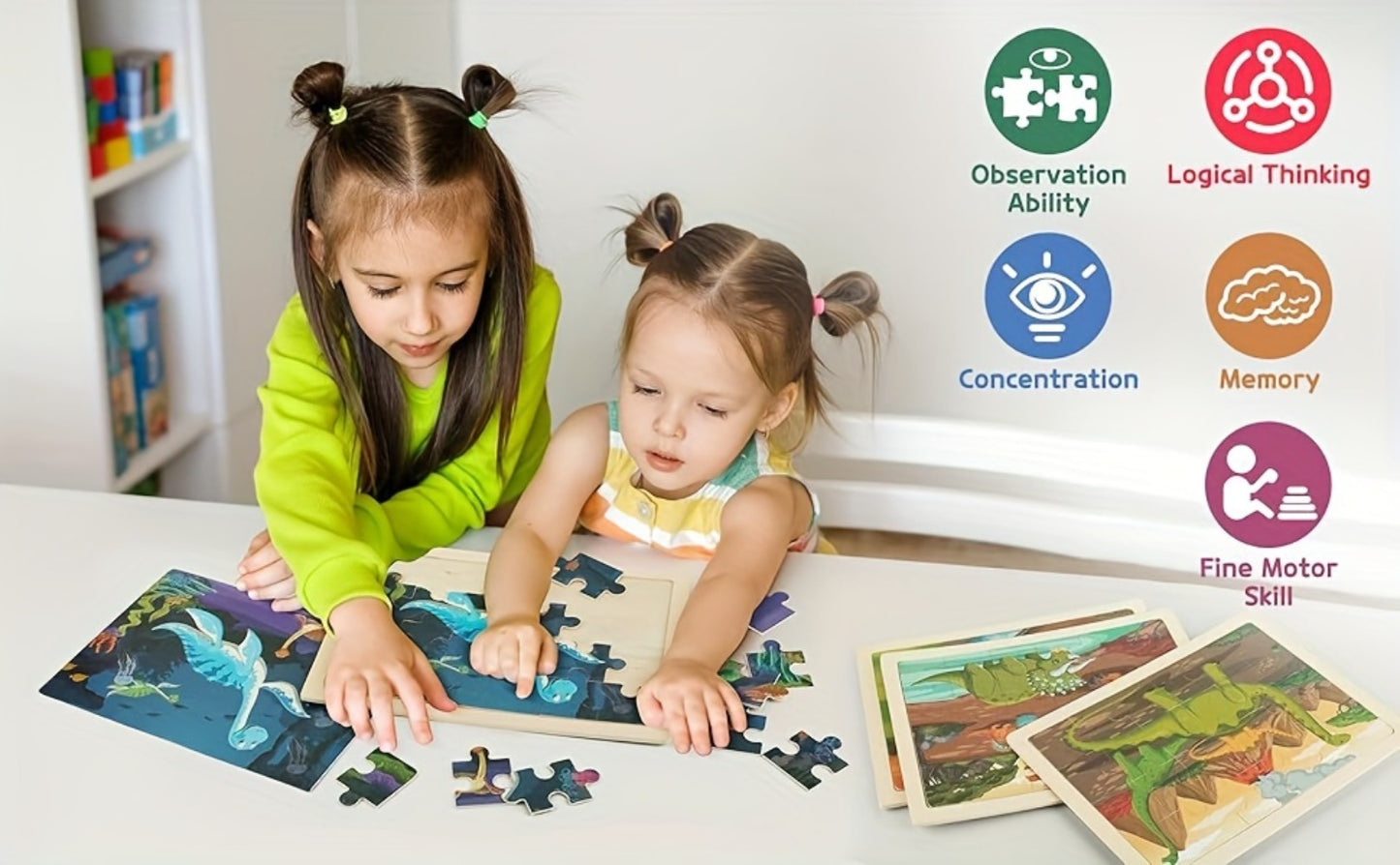 Wooden Dinosaur Puzzle Set for Kids Ages 3-8 – 4-in-1 Jigsaw Puzzles with 24 Pieces, Colorful Preschool Educational Toy for Boys & Girls, Fun Birthday Christmas Gift for Toddlers & Children