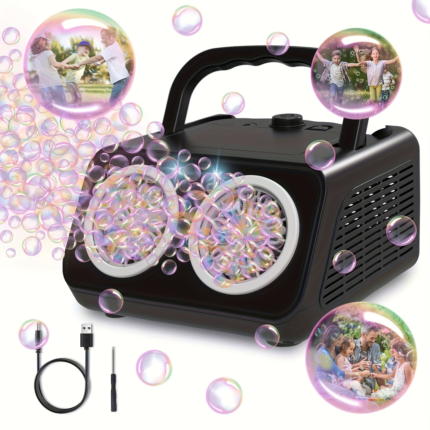 Electric Bubble Maker with 10X Bubble Solution – Dual Fan 20000+ Bubbles Per Minute Machine for Kids, Outdoor Birthday Party Toy for Boys Girls, Battery Operated Bubble Blower White or Black