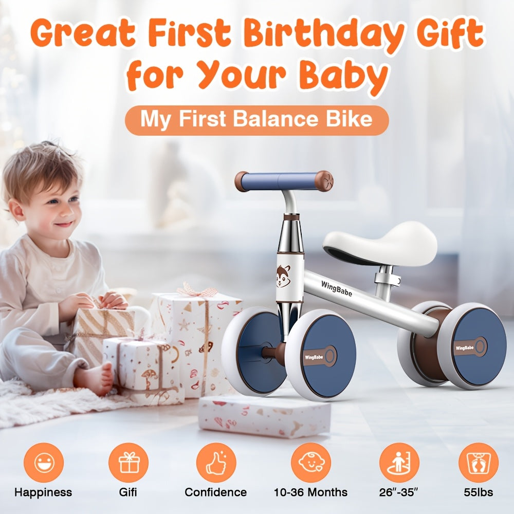 4 Wheel Balance Bike for Baby Toddlers 10-36 Months – Lightweight First Bike with Adjustable Seat, 90° Steering Limit & Silent Anti-Slip Tires | Best 1st Birthday Gift for Boys and Girls