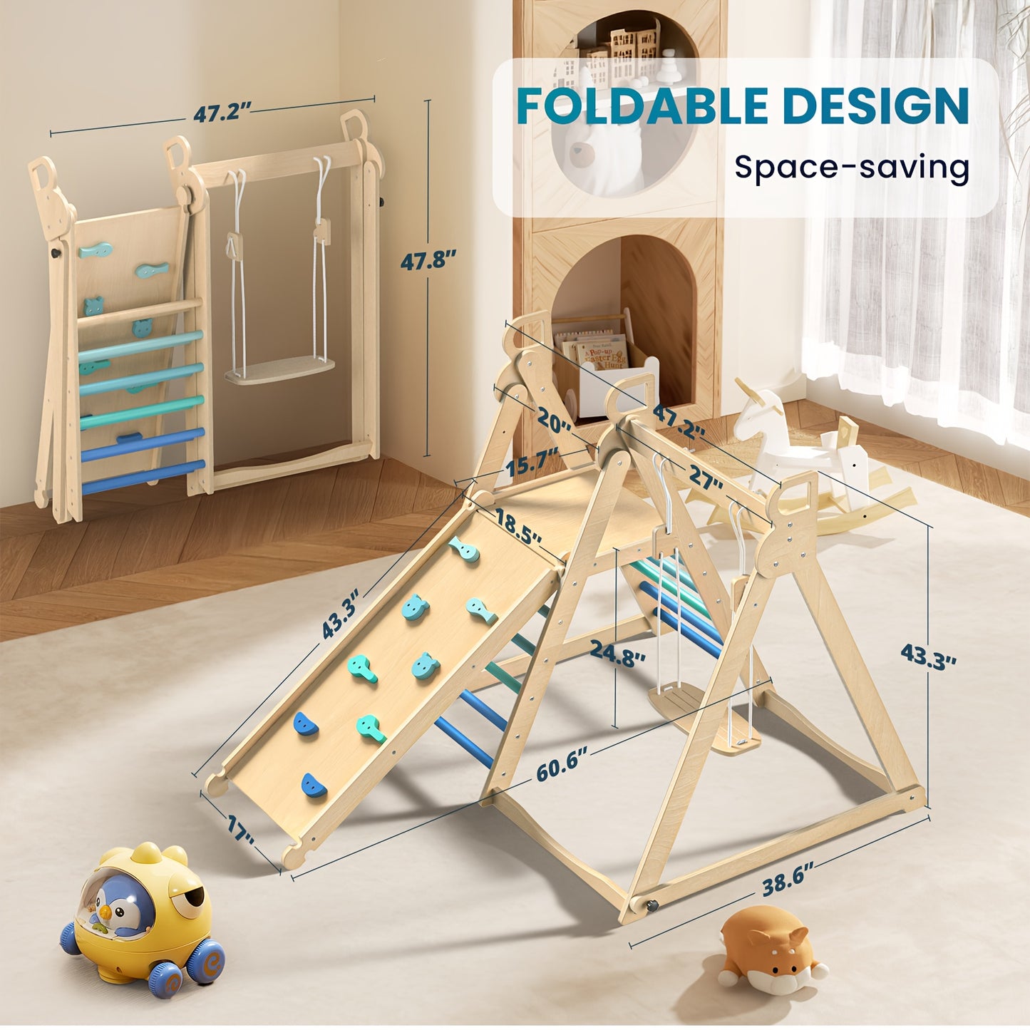 Foldable Indoor Wooden Jungle Gym for Toddlers – 4-in-1 Climbing Frame with Swing, Slide & Ladder | Ages 18M+ | Rainbow & Blue | Kids Indoor Playset for Cognitive Development & Active Play