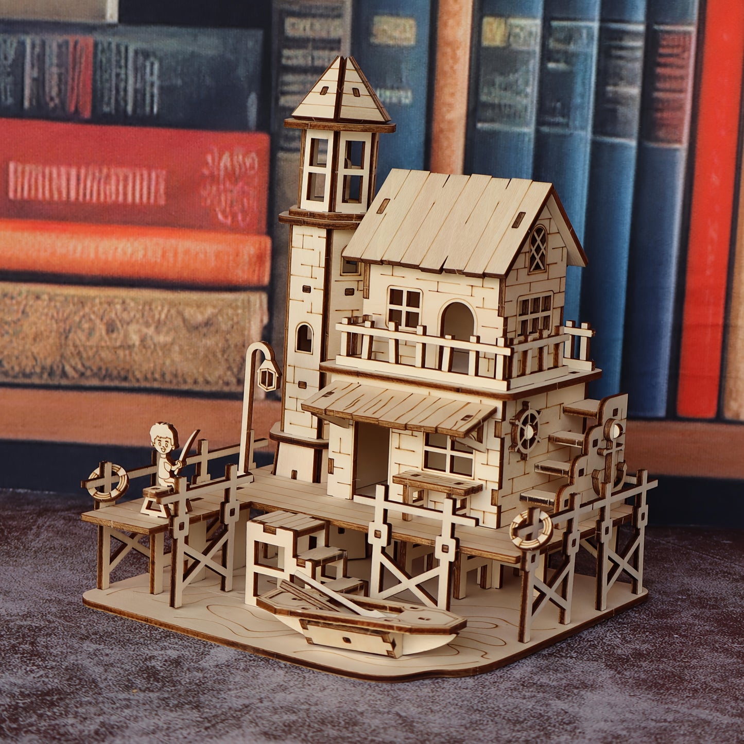 Fisherman'S Cabin Wooden Assembly Model Kit, Handmade 3D Wood Puzzle Fishing Village Building Model, Suitable for Holiday Gifts for Friends And Family