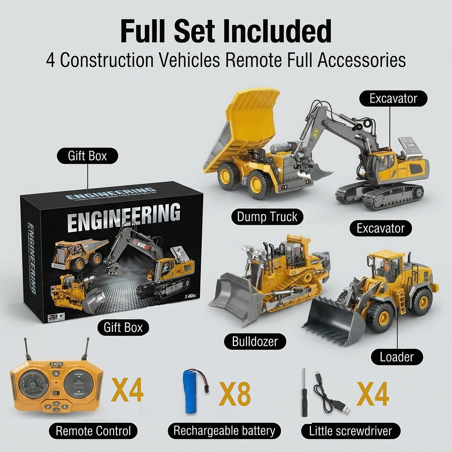 Remote Control Construction Vehicle Set 2/3/4pcs – 2.4G 11-Channel RC Excavator Dump Truck Bulldozer Alloy & Plastic Engineering Toy Car Kit for Kids Boys, Great Birthday Gift