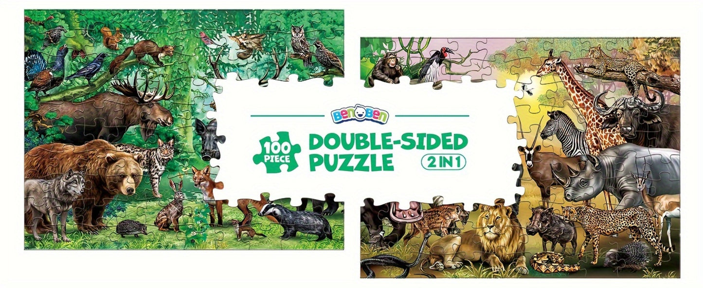 Double Sided Puzzle for Kids 100 Pieces Jungle Animals – 2-in-1 Jigsaw Educational Toy for Boys & Girls Ages 3 4 5 6 7 8, Fun Learning Activity, Birthday Christmas Thanksgiving Easter Gift