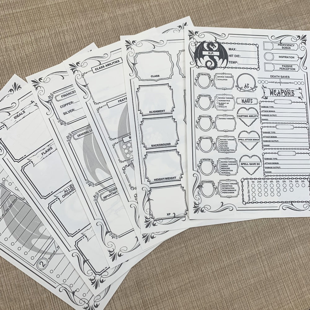 DnD 5e Character Sheet Set with Spell Tracker โ A5 Player Journal for Dungeons & Dragons Campaigns, 10 Sets x 6 Unique Pages (60 Pages Total), Complete RPG Role Playing Game Accessory & Gift for Players & DMs