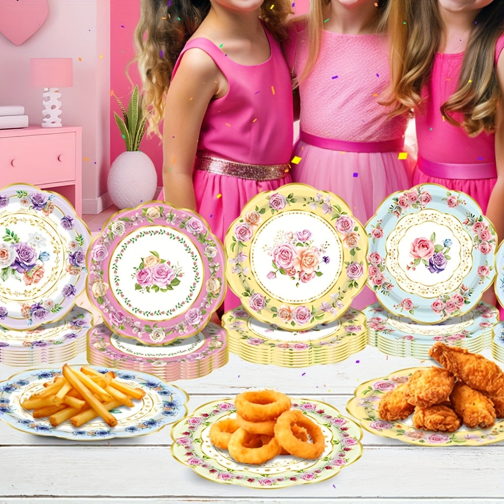 48pcs, Floral Paper Plates for Tea Parties And Birthday Celebrations, Disposable Plates for Engagement And Wedding Parties, Floral-Themed Disposable Tableware for Baptisms