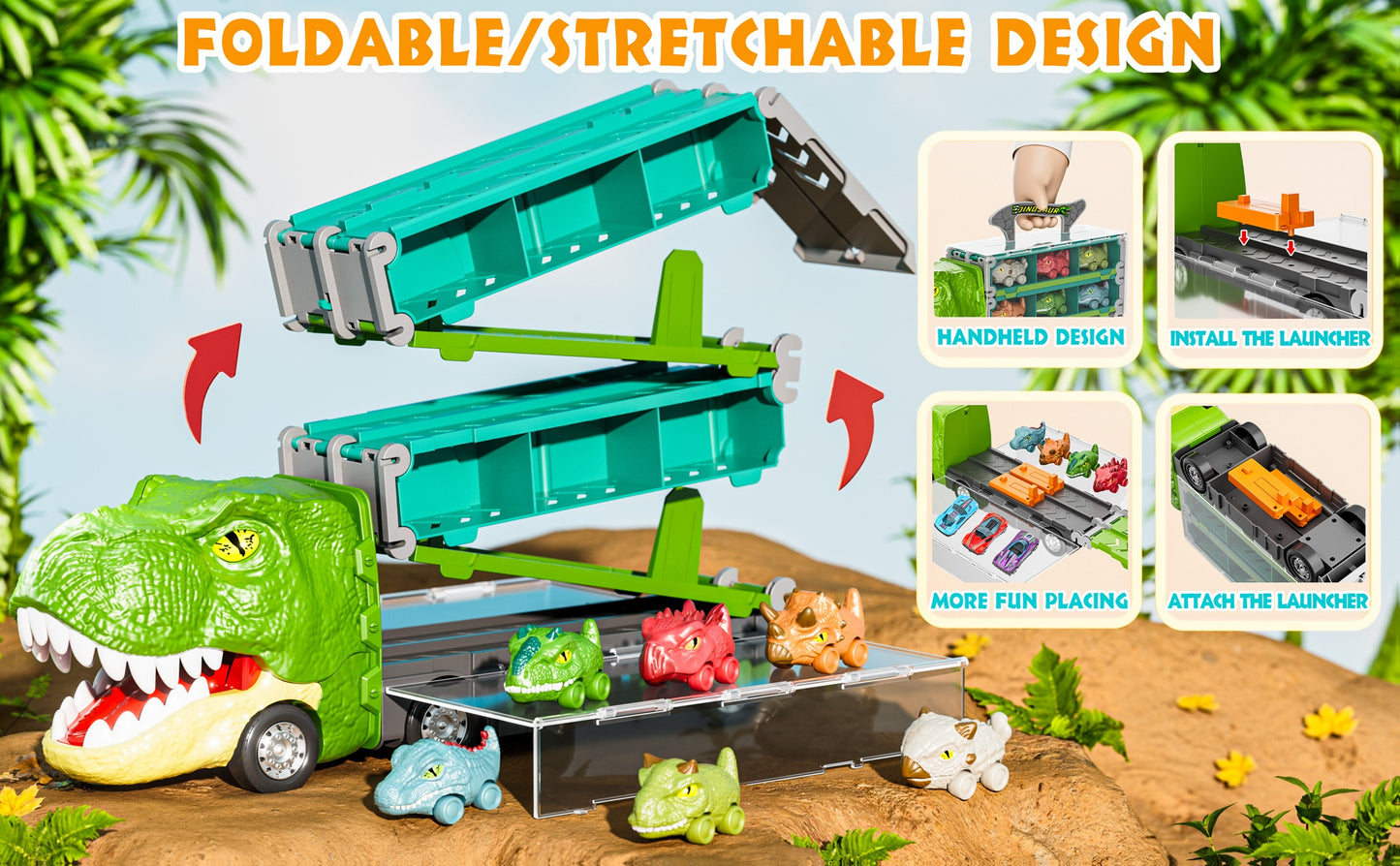 Dinosaur Truck Toys for Birthday Gift Idea, 2 Player Race Mode, Transport Carrier Kids, 63 Inch Foldable Race Track with 6 Dino Cars & 6 Die-cast Cars Durable Safety, Kids Christmas Gifts