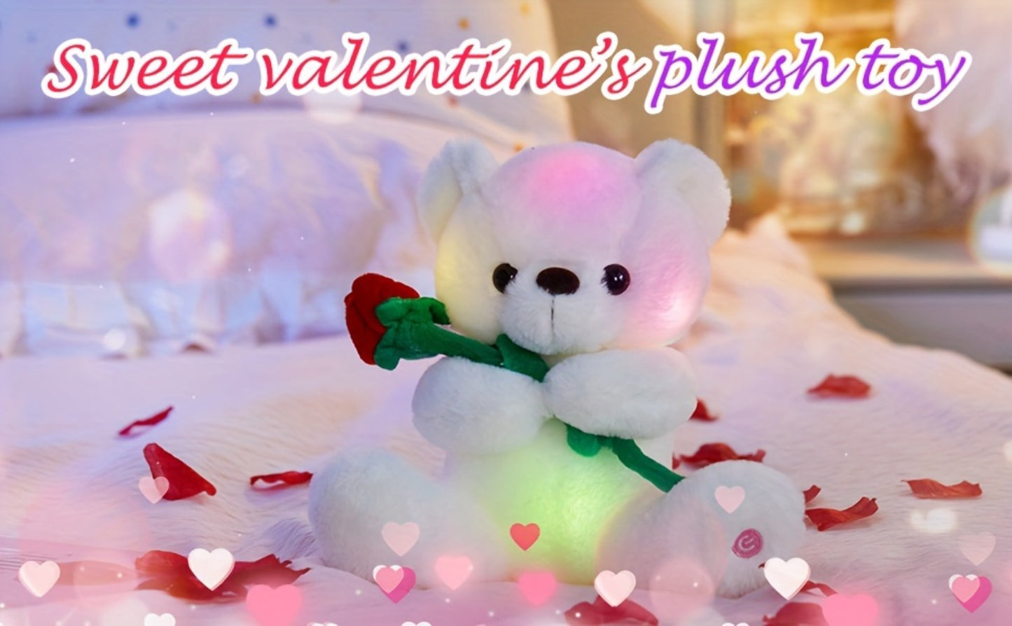 Rose Bear Plush with LED Light Glowing White Bear with Flowers Romantic Stuffed Animal Gift for Her Women Girls Girlfriend Mom Valentine's Day Mother's Day Birthday Anniversary