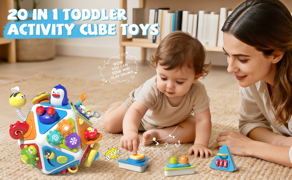 20-In-1 Toddler Busy Board Cube Toys, Active Cube Toys for 1-Year-Old Boys Girls Kids, Early Educational Sensory Toys for Toddlers 1 to 3 Years, Travel Toys Gifts for 1-Year-Old Boy Girl