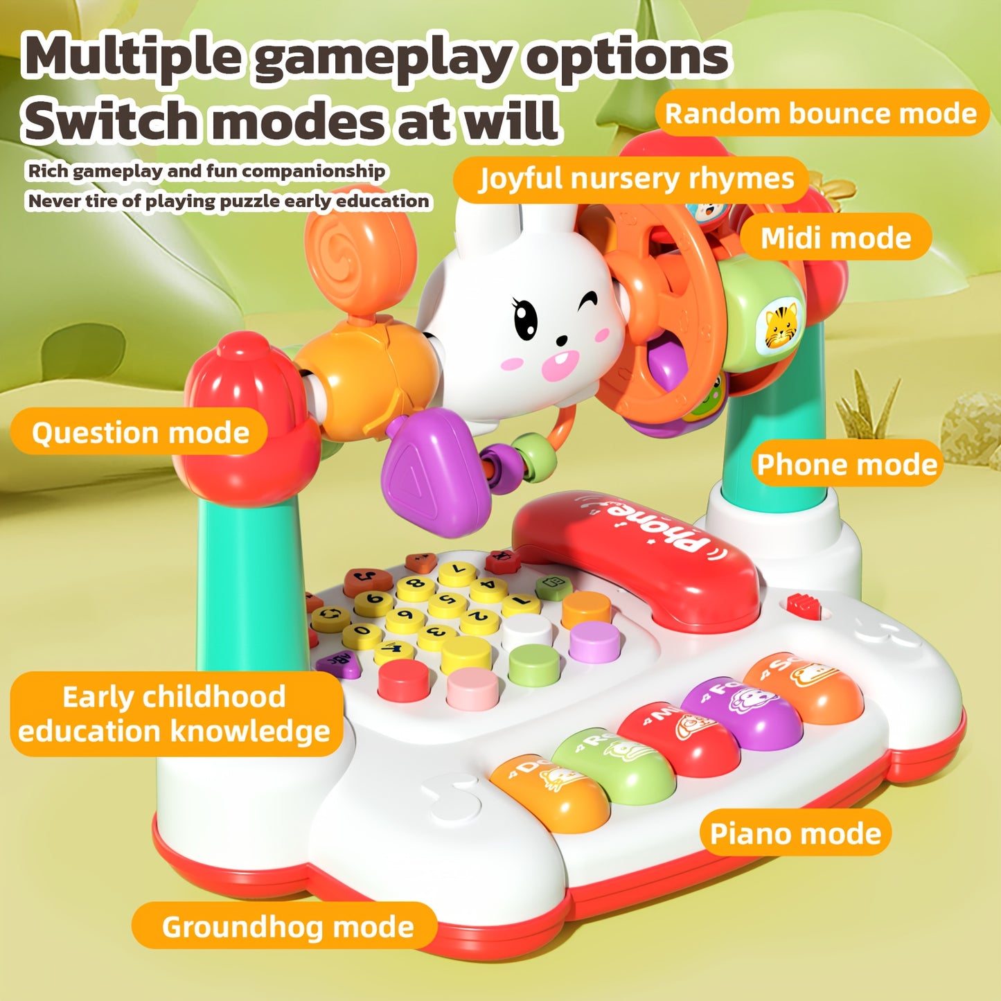 JOVOW, Toys, Multifunctional Rabbit Phone, Educational Storytelling Machine, Piano Music Light Toy, Multiple Modes to Switch, Sensory Toy for Kids, Easter Halloween Birthday Gifts, Christmas Gift