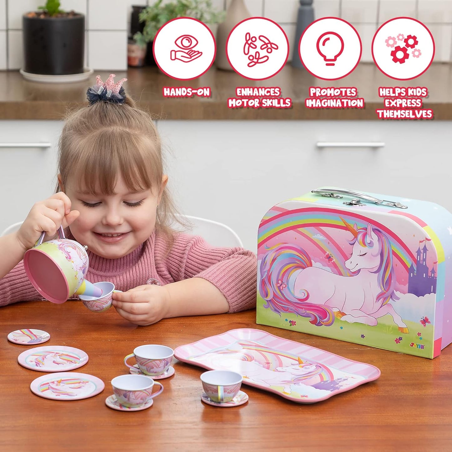 A Whimsical Tea Party Set Featuring Unicorns, Designed for Young Girls. This Pretend Play Pink Tin Teapot Collection Includes a Teapot, Cup, Plate, And a Carrying Case, Perfect for Children Aged 3 And Up. an Ideal Christmas Gift