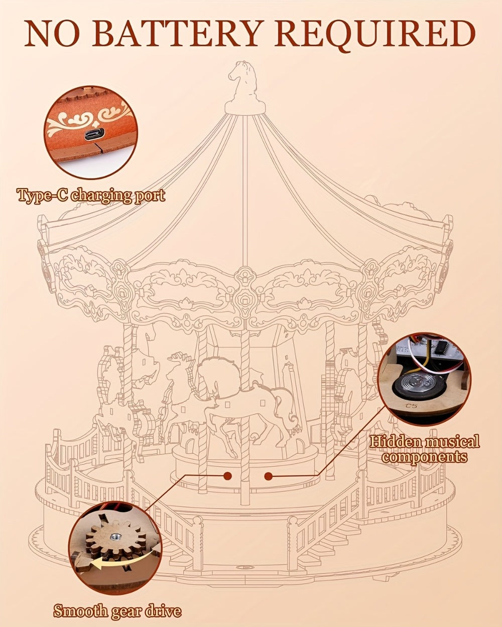 Rolife Carousel Music Box Kit – DIY 3D Wooden Puzzle Architectural Craft Model, Spinning Carousel with Music, Hobby Home Decor, Valentine's Day Birthday Christmas Anniversary Gift for Adults Teens