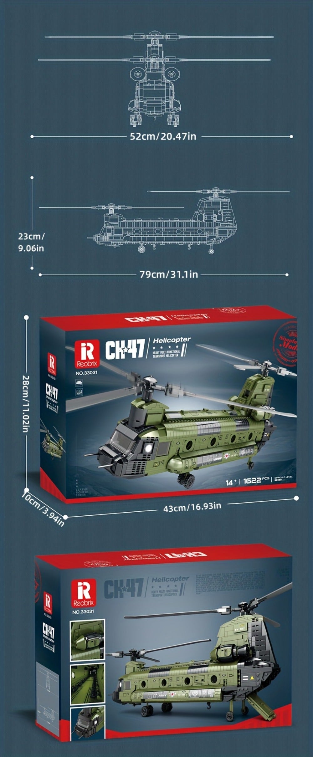 Chinook Helicopter Building Blocks Set 1622 Pcs – US Military CH-47 Transport Helicopter MOC Model Kit for Adults & Teens, Military Aircraft Display Build, Christmas Birthday Gift for Aviation Fans