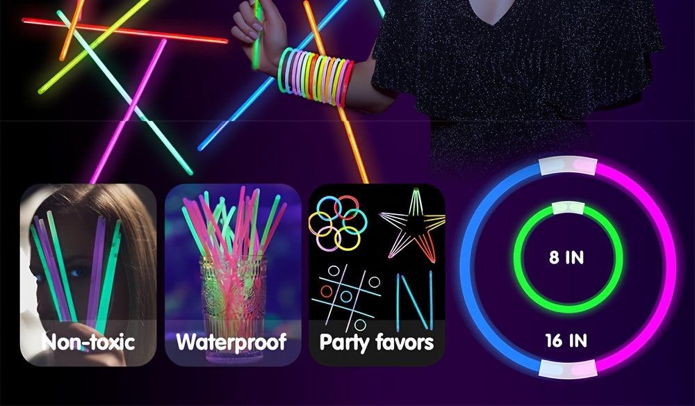 144pcs 8" Glow Sticks Can Glow In The Dark For 10-14 Hours, 7 Vibrant Colors, Bracelets Necklaces, Christmas, Halloween Glow Party Supplies Pack, Football Party Supplies, Multi-Item Party Favor Packs