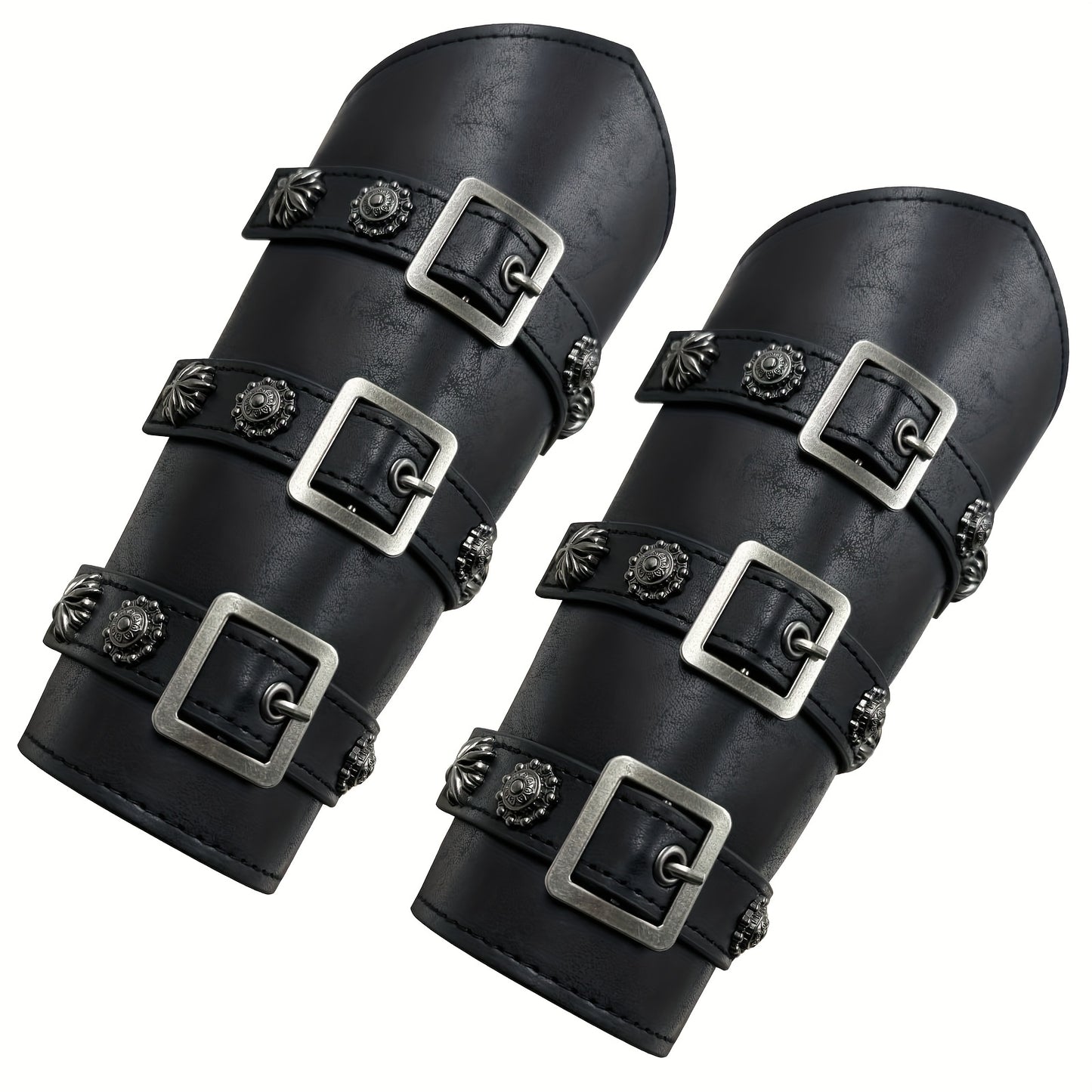 Viking Medieval Leather Arm Guards Bracers – PU Leather Knight Gauntlets Adjustable Metal Buckles Rivets for Men Women Halloween Cosplay LARP Renaissance Fair Stage Costume Dark Brown Khaki Black