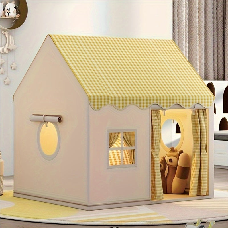 Kids Cabin Style Checked Play Tent β Indoor & Outdoor Polyester Playhouse Tent for Home Decor & Family Fun | Pink, Khaki, Yellow | Holiday Gift & Party Decoration