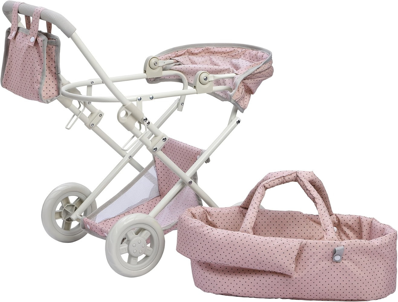 3-in-1 Baby Doll Stroller Set Pink – Foldable Pram with Removable Bassinet & Carry Bag for 14-24 Inch Dolls, Swivel Wheels Adjustable Handle, Role Play Nursery Gift for Girls Ages 3-12