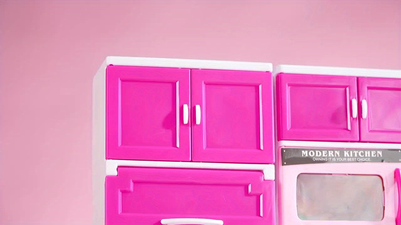 64pcs Pink Kitchen Toys with Realistic Lights & Sounds, Mini Furniture Pretend Playset for Kids, Doll Kitchen House Toy