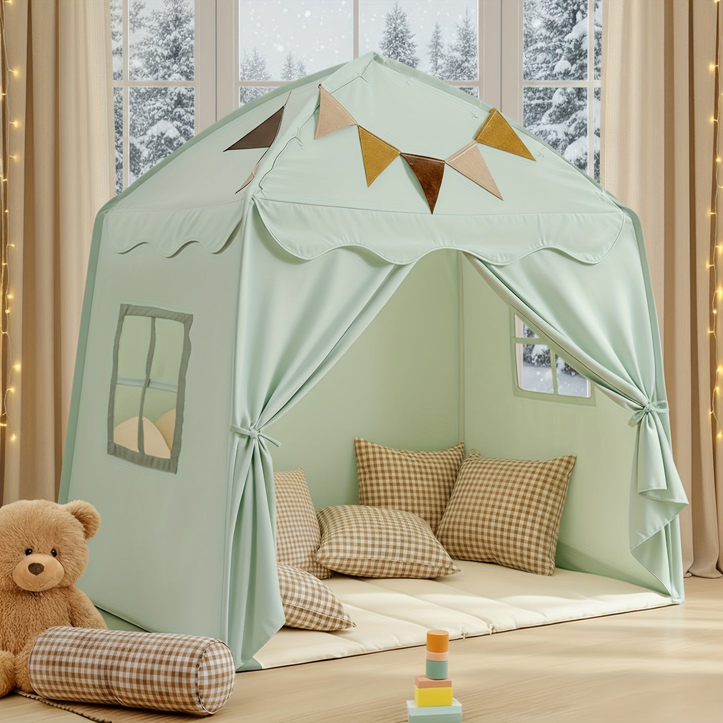 Kids Play Tent Extra Large – Portable Foldable Teepee Indoor Outdoor Dome Playhouse with Flags, Bed Canopy for Boys Girls, Available in Beige Pink Green Brown Cream, 51–59 Inch
