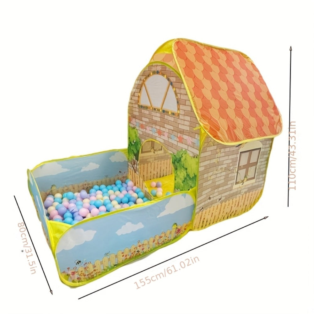 Kids Cottage Play Tent with Ball Pit – Cartoon Design Indoor Outdoor Playhouse, Imaginative Hideaway Fort for Toddlers, Fun Birthday Christmas Halloween Gift for Boys & Girls Ages 2+
