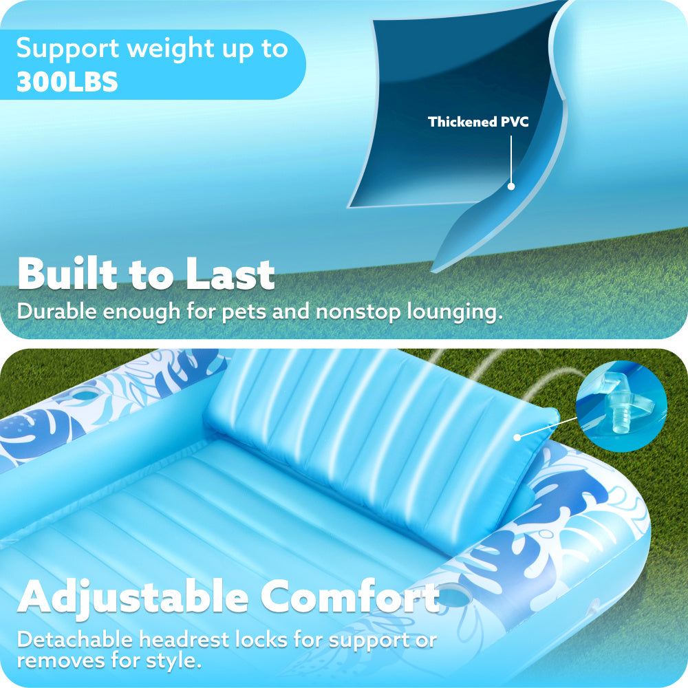 SYNCFUN Inflatable Tanning Pool Lounger Float, 85 X 57 Inches Extra Large Pool Floats for Adults with Pillow, 4-In-1 Suntan Tub Raft Floatie, Sunbathing Bed Lounge for Water Blow Up Ball Pit Party Gifts, Xl-Blue