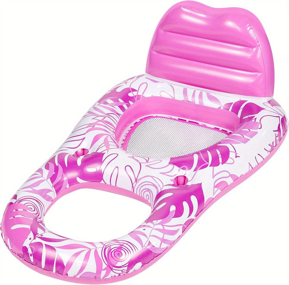 Recliner Pool Float Lounger for Adults โ Inflatable Zero-Gravity Floating Chair with Cup Holders, Mesh Seat & Foot Rest, Pink Tropical Leaf Design, Summer Pool Party Water Toy