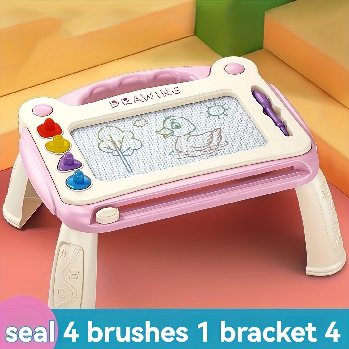 Magnetic Drawing Board for Kids with 4 Stamps Paintbrush & 4 Stands β Mess-Free One-Slide Erase Early Learning Educational Art Toy Gift for Boys Girls Ages 3-8 Blue Green Pink