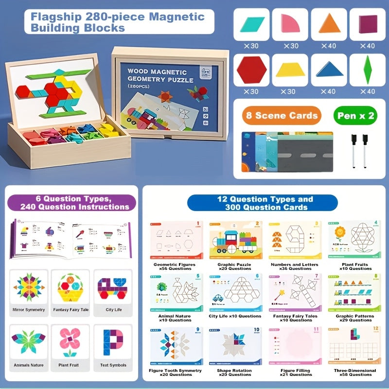 280/220/180/128pcs Creative Magnetic Wooden Puzzle, Jigsaw Puzzle Board Toy, Develops Logical Thinking, Magnetic Building Blocks, Children's Toy, Educational Toy, Geometric Shape Recognition Learning, Toy for Kids Ages 3, 4, 5, 6, 7, 8, Easter Gift