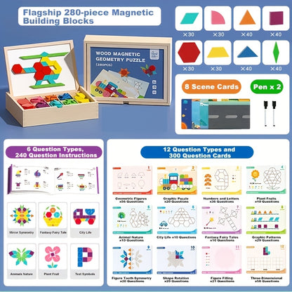 280/220/180/128pcs Creative Magnetic Wooden Puzzle, Jigsaw Puzzle Board Toy, Develops Logical Thinking, Magnetic Building Blocks, Children's Toy, Educational Toy, Geometric Shape Recognition Learning, Toy for Kids Ages 3, 4, 5, 6, 7, 8, Easter Gift