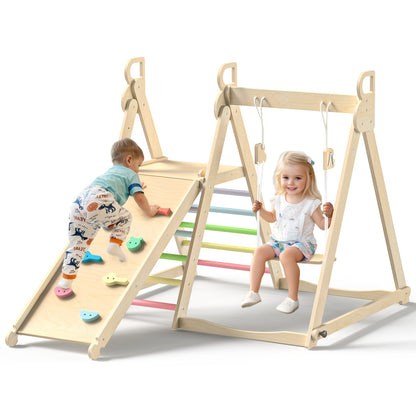 5-in-1 Foldable Indoor Jungle Gym for Toddlers Wooden Climbing Set with Slide, Swing, Ladder, Toddler Playground Playset for Kids 708.66inch+, Cognitive Development, Coordination (Rainbow, Blue).