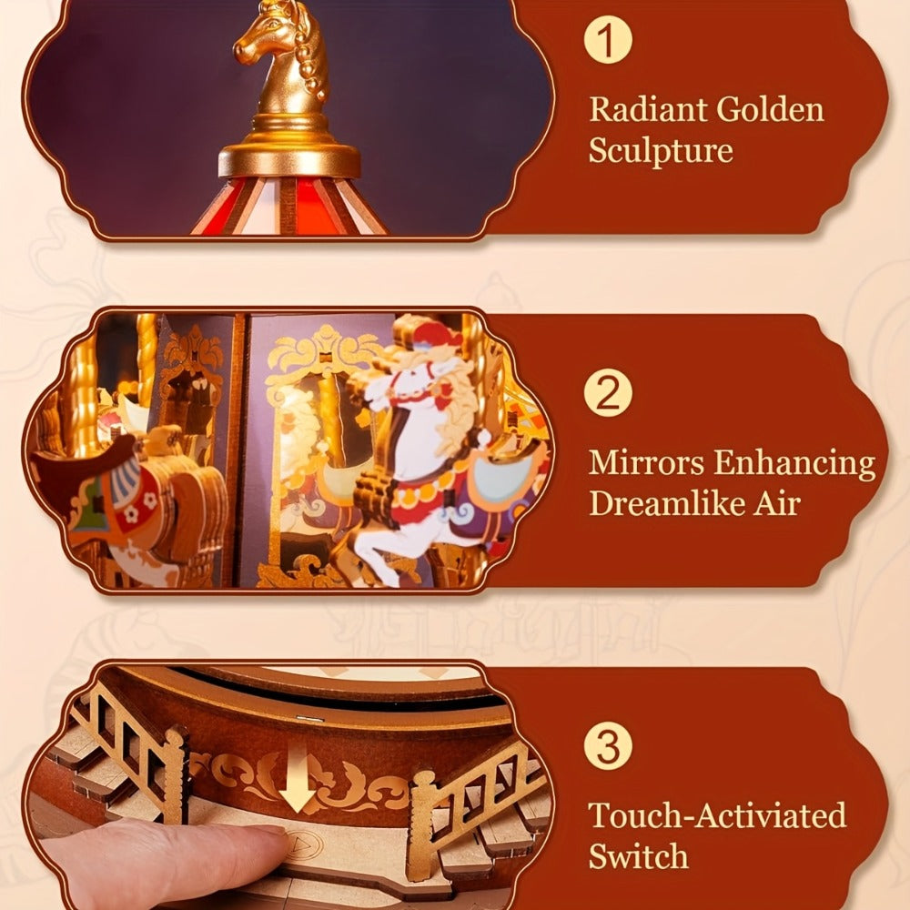 Rolife Carousel Music Box Kit – DIY 3D Wooden Puzzle Architectural Craft Model, Spinning Carousel with Music, Hobby Home Decor, Valentine's Day Birthday Christmas Anniversary Gift for Adults Teens