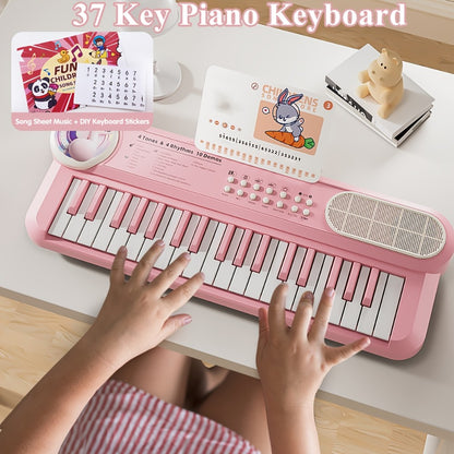 Kids Electronic Keyboard Piano Toy 37-Key White, Multi-Function Beginner Musical Instrument with Microphone, Demo Songs, Rhythms & Lights for Boys Girls Age 3+, USB or AA Battery