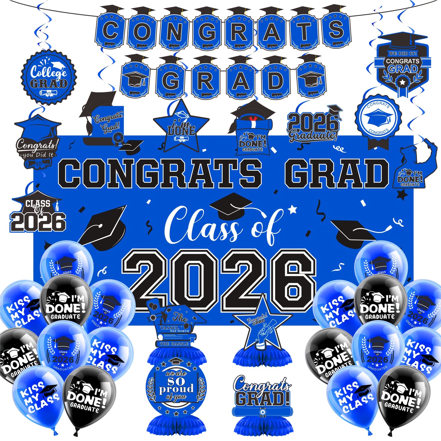 Graduation Decorations Class Of 2026, Golden Themed Graduation Decorations Set, Class Of 2026 Backdrop Banner, Graduation Hanging Swirl, Balloons And Honeycomb Supplies For Graduation Party