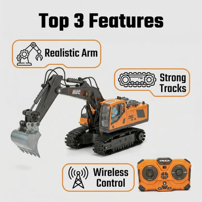 RC Excavator Toy 1:24 Scale 2.4GHz 9-Channel with Alloy Metal Cap Lights Sound Rechargeable Battery, Remote Control Construction Truck for Boys Ages 6+, Birthday Christmas Gift Multiple Colors
