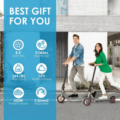 Electric Scooter for Adults 350W Motor 19 MPH 21-Mile Range Foldable Commuter Scooter 8.5 Inch Solid Tires APP Control Dual Brake LED Lights Portable